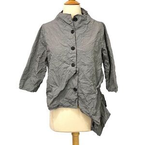 Sun Kim Gray Blouse Crinkle Taffeta Lagenlook Artsy Modern 3/4 Sleeve Size XS